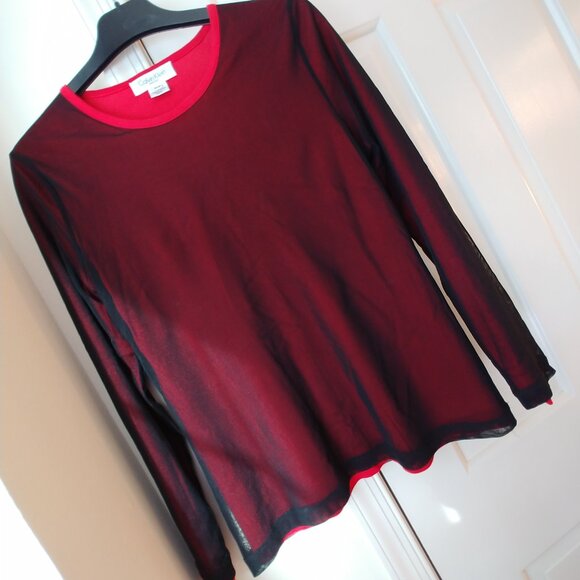 🔴 Calvin Klein Petites sz PM Double Layered Red Black Mesh Top Blouse Stretch - Picture 7 of 16